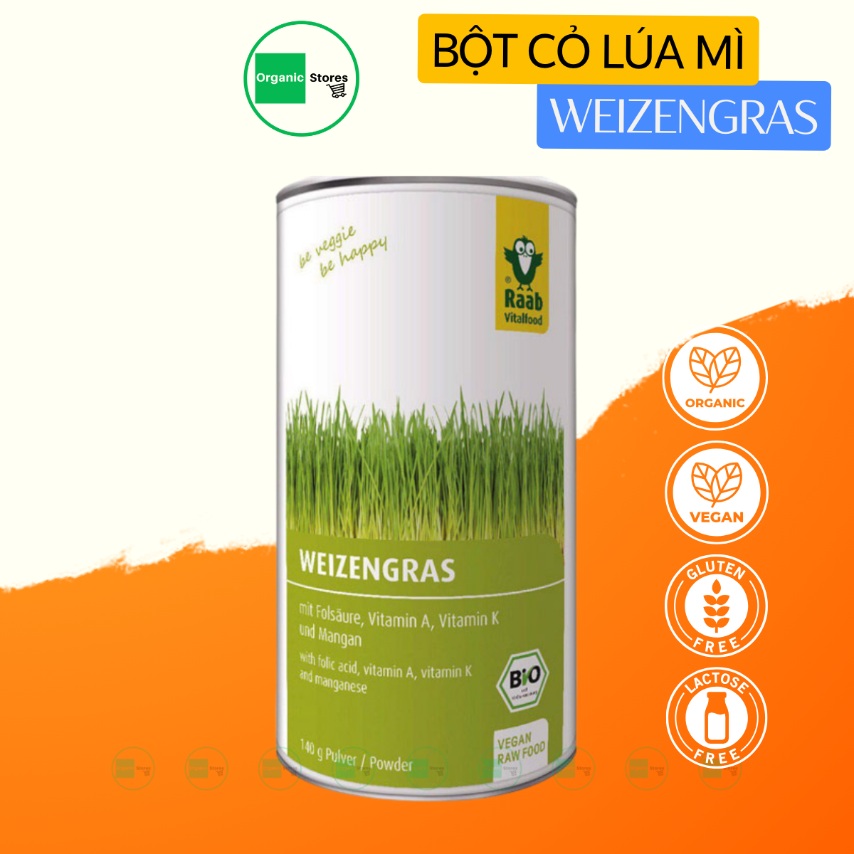 Bột cỏ lúa mì hữu cơ wheat grass 140gr - raab