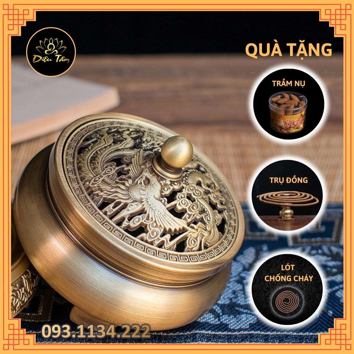 Lư đồng nguyên khối xông trầm lư xông trầm hương combo lư đồng và trầm nụ