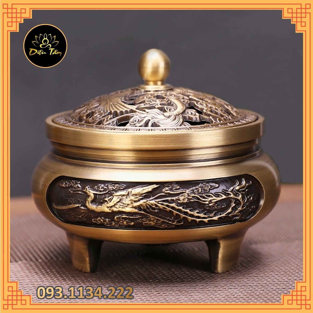 Lư xông trầm hương bằng đồng khắc rồng phượng,đôn đế rồng phượng đúc đồng nguyên khối ưu đãi combo nhang vòng/ trầm nụ