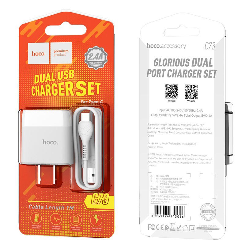 Bộ củ sạc nhanh hoco c73 có dây 2.4a 2 usb cổng type-c