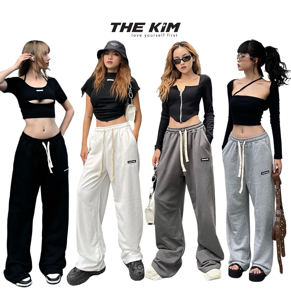 THE KIM Q152 Quần thun nỉ dài trơn ống suông rộng , quần nỉ dài ống suông