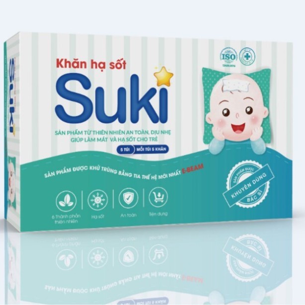 Khăn hạ sốt Suki cao cấp – 25 khăn/hộp – Làm mát nhanh, không cồn, đạt chuẩn y tế cho trẻ sơ sinh