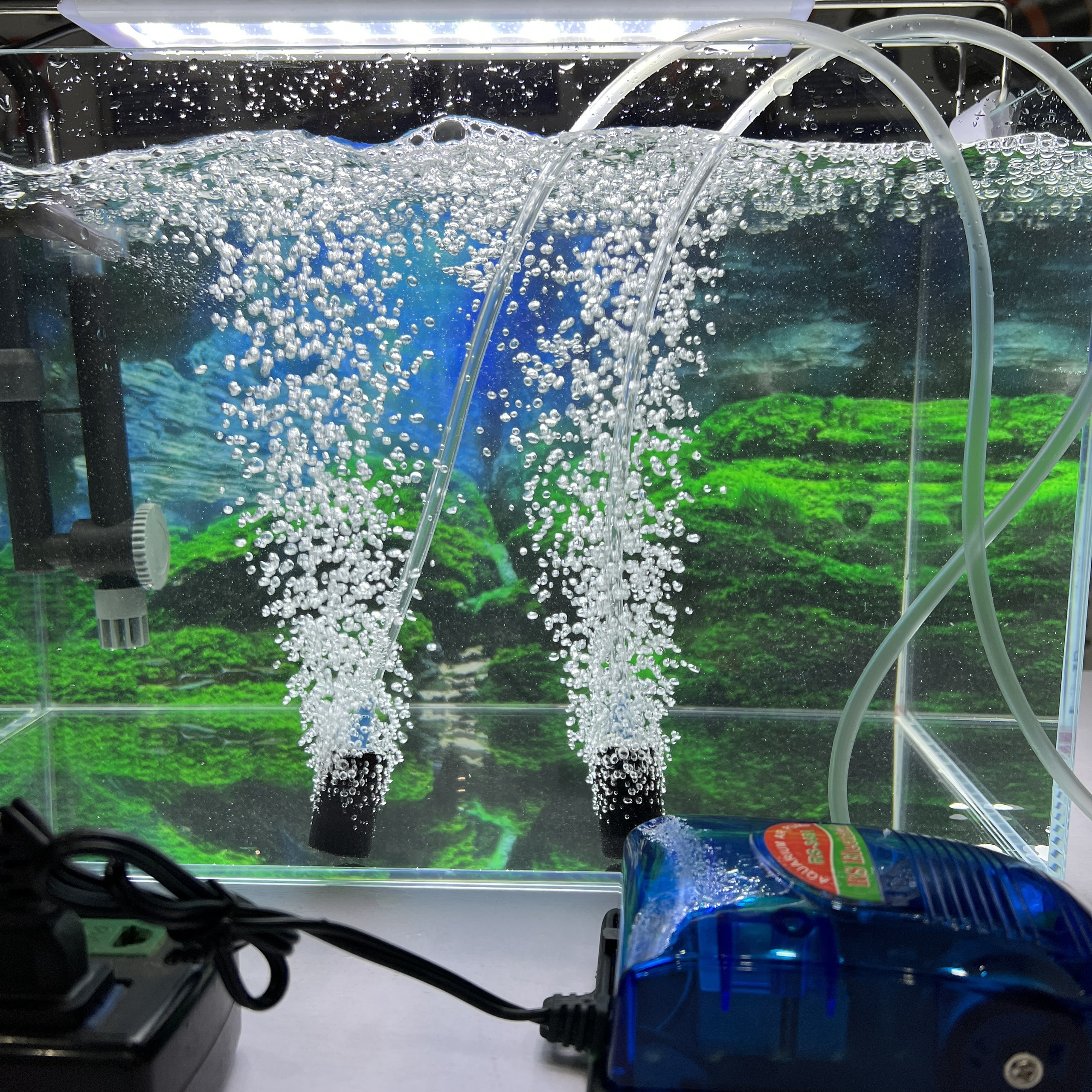 Máy oxi cho cá, máy sủi oxy hồ cá, bể cá cảnh 2 vòi Rs 348a, 1 vòi Rs 248a tặng kèm dây và quả sủi oxy