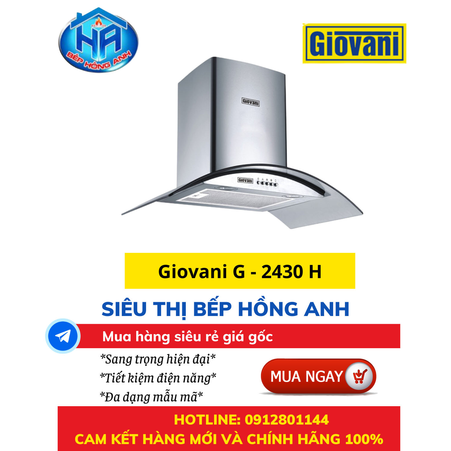 Máy hút mùi Giovani G-2430H Inox 700mm, Công suất cao 1000m³/h
