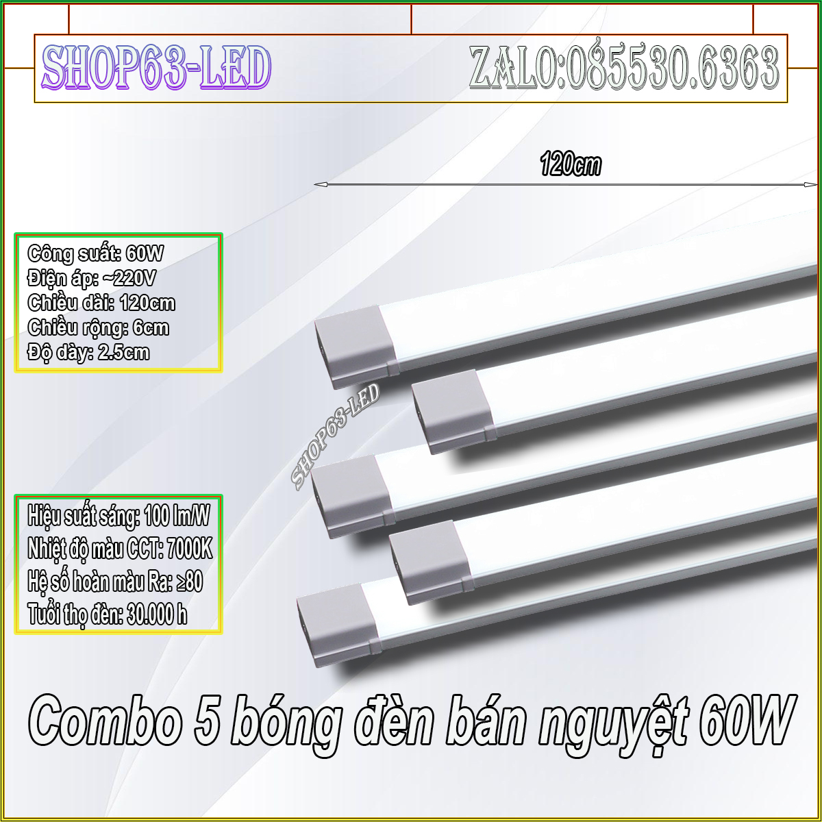 Combo 5 bộ đèn bán nguyệt 60W thế hệ mới với thép định hình cao cấp - tuýp LED dài 1m2 vỏ mica và LED cao áp siêu sáng