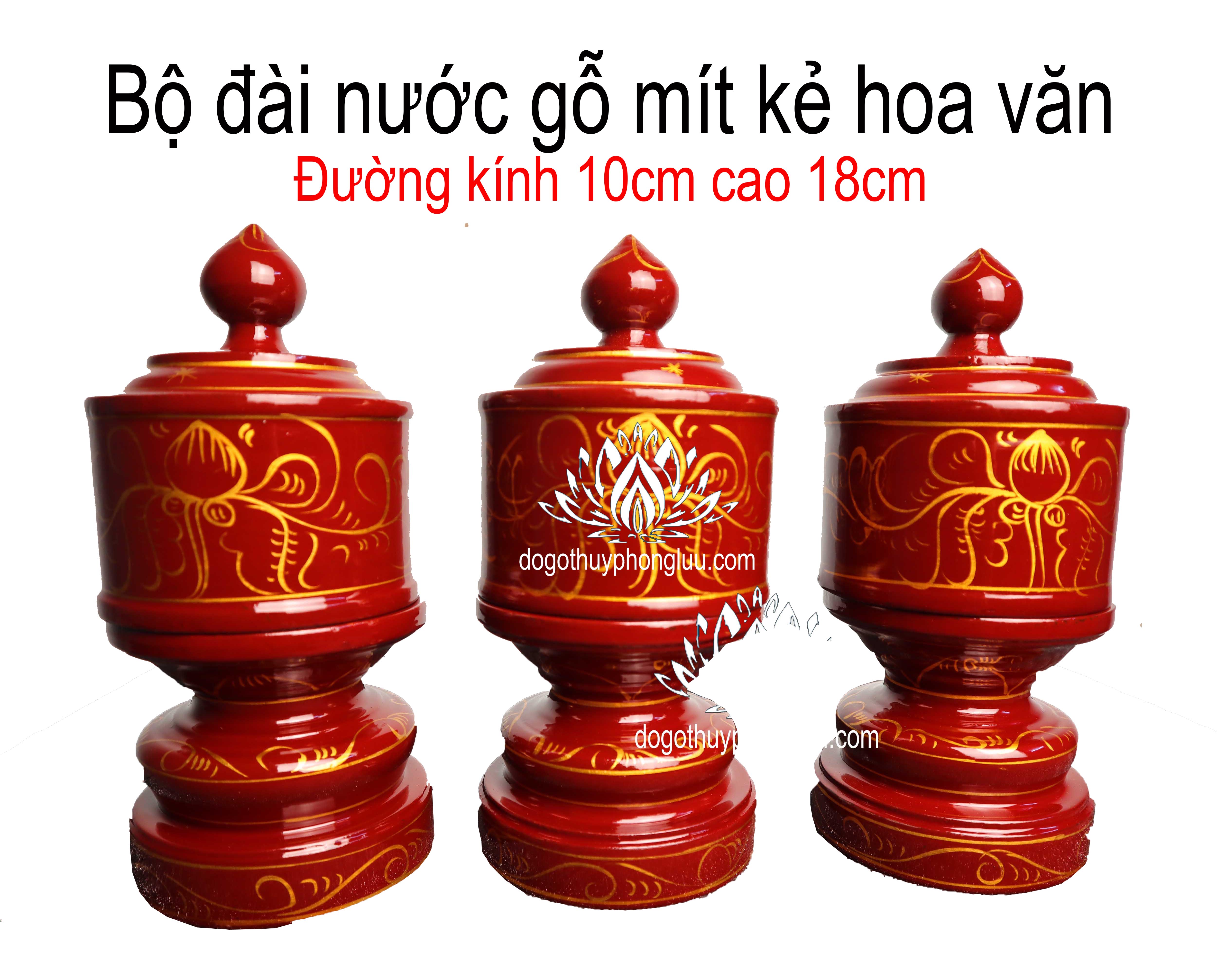 Bộ đài nước chén thờ gỗ mít nguyên khối cao cấp sơn son kẻ chỉ cao 18cm đường kính 10cm