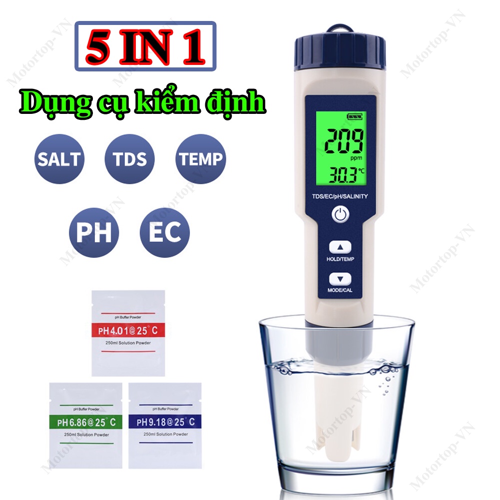 Bút kiểm tra chất lượng nước, đo độ mặn nước 5 là 1 pH/TDS/EC/độ mặn/nhiệt độ, kèm theo 3 gói pH tiêu chuẩn