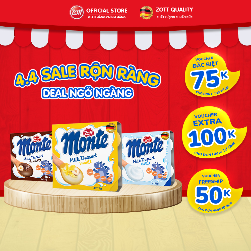 Giao Hoả tốc - COMBO MIX 3 vỉ Váng sữa Zott Monte vị Vani - Socola - Classic nhập khẩu từ ĐỨC (vỉ - 55g x 4 hũ) từ Sữa tươi, KHÔNG chất bảo quản