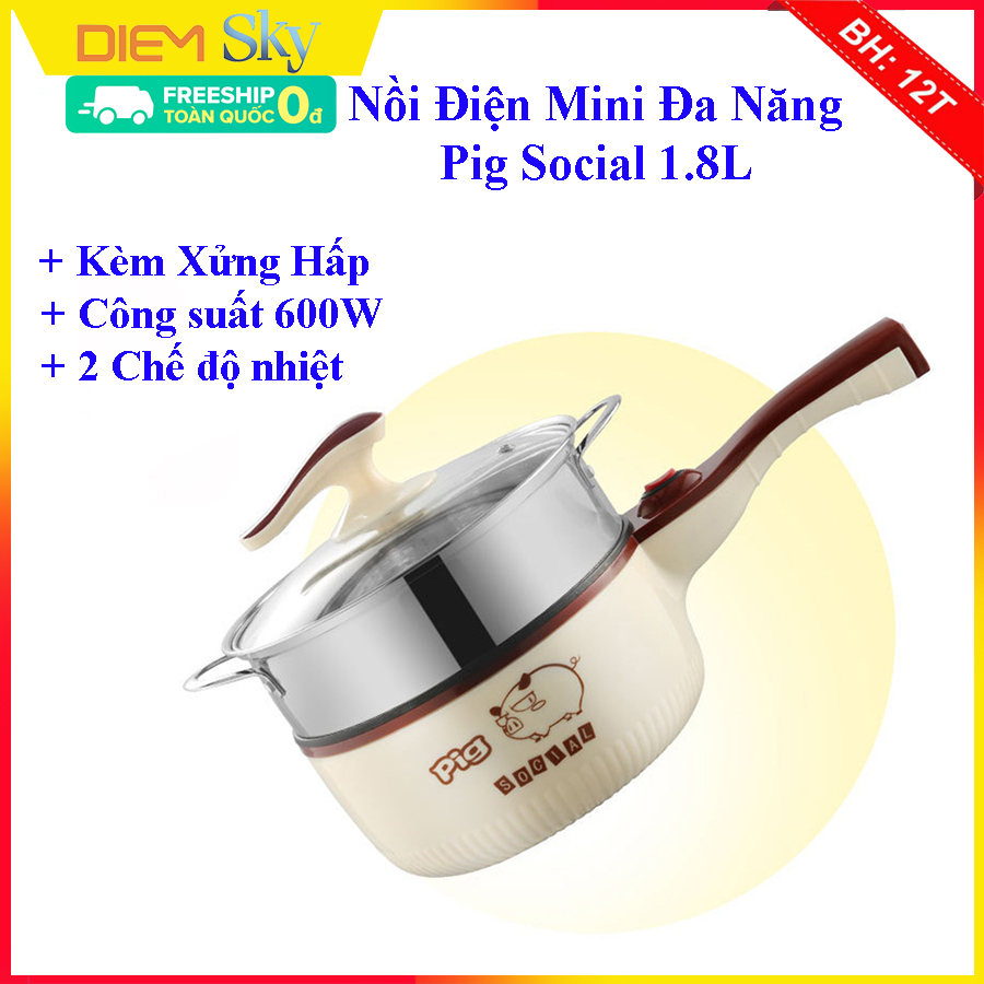 Nồi điện đa năng 800W có thể nấu lẩu, nấu mì, nấu cháo cho bé, chiên xào... Nồi lẩu mini dung tích 1.5-1.8L lòng nồi chống dính kèm xửng hấp bảo hành 12 tháng