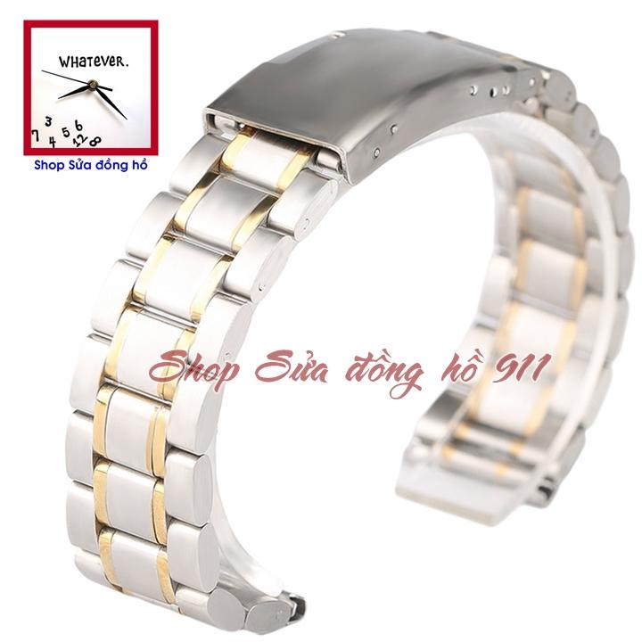 Dây đồng hồ kim loại dành cho nam, khóa hộp kiểu Ôm, đầu bằng - Trắng Inox pha Vàng-Demi. Size 18, 20, 22, 24mm