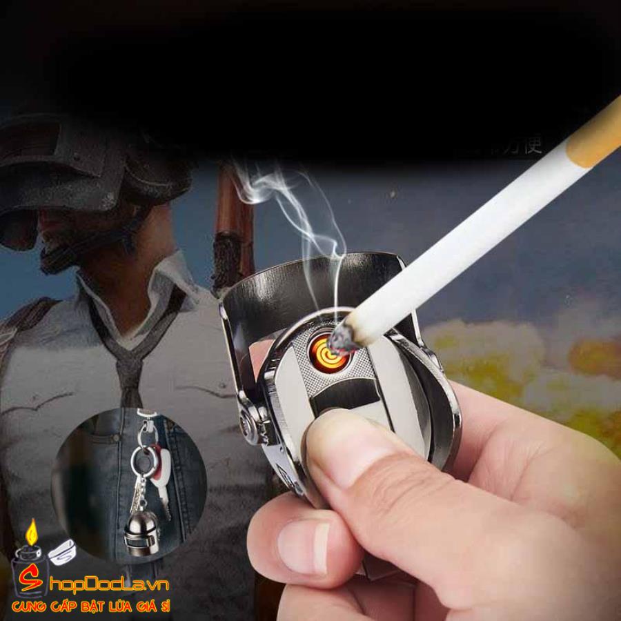 Móc Khóa Mũ pubg kèm bật lửa sạc pin hồng ngoại móc khóa balo pubg bat lua sac dien