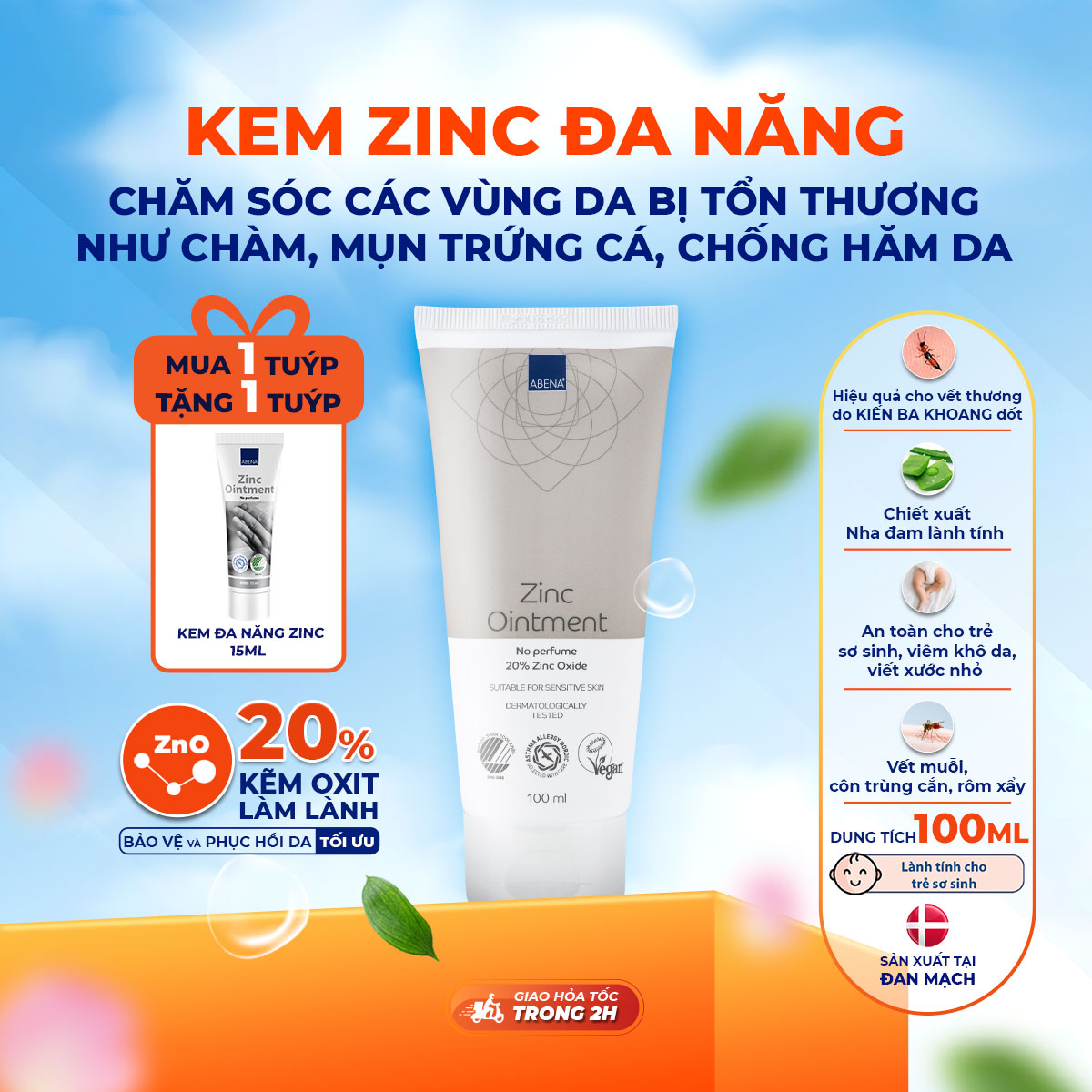 Kem chống hăm, đa chức năng Abena Zinc Ointment - Nhập Khẩu Đan Mạch