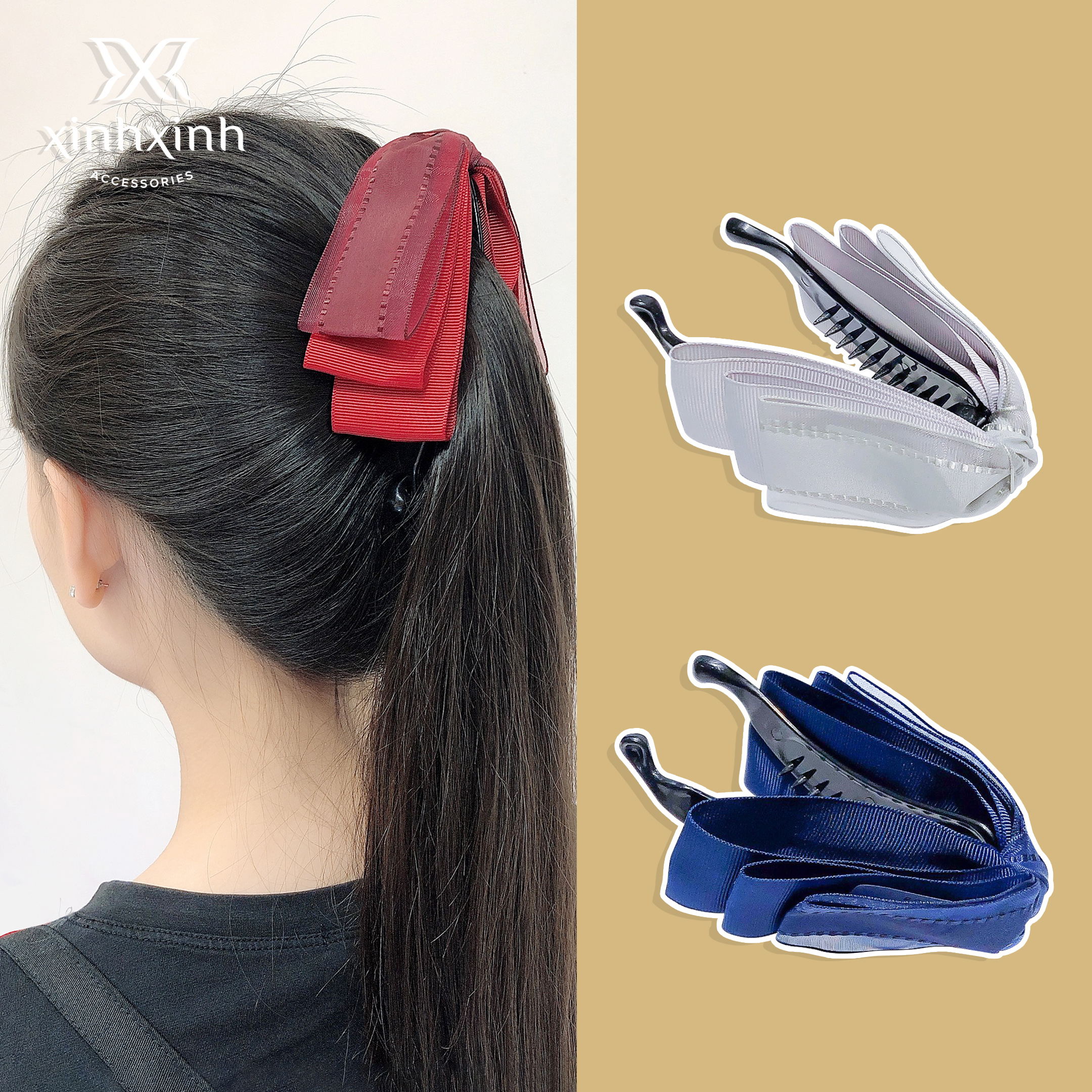 Kẹp tóc, cặp tóc dọc làm phồng nơ rủ ren viền - xinh xinh accessories