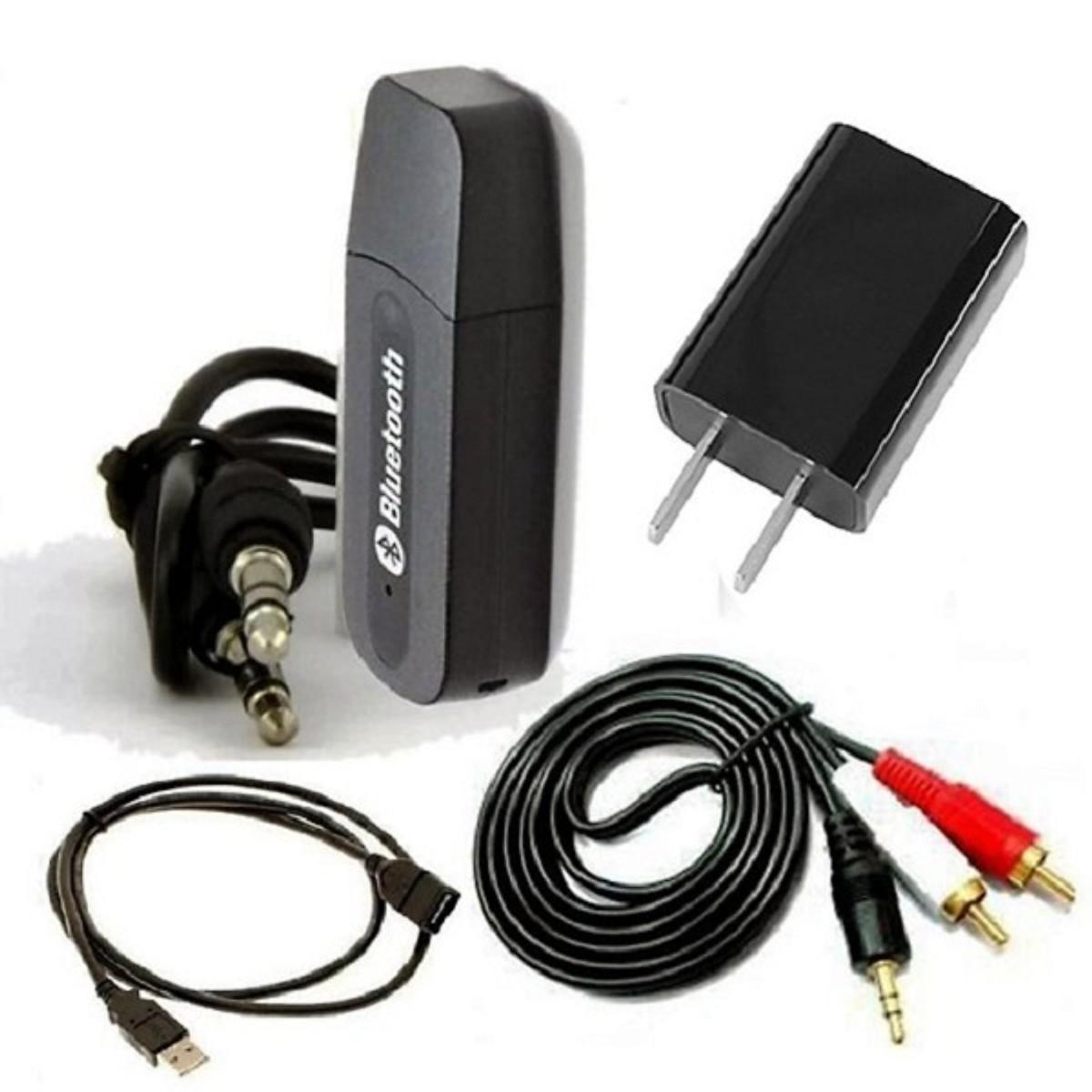 Bộ usb thu bluetooth music receiver cho dàn amly ra loa gồm 1x usb bluetooth 1 x cáp 2 đầu 3.5ly 1 x cáp 3.5ly ra 2 bông sen 1 x adaptor