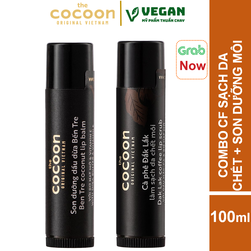 Combo son tẩy da chết môi Cà phê đắk lắk cocoon5g+son dưỡng môi dầu dừa bến tre cocoon5g