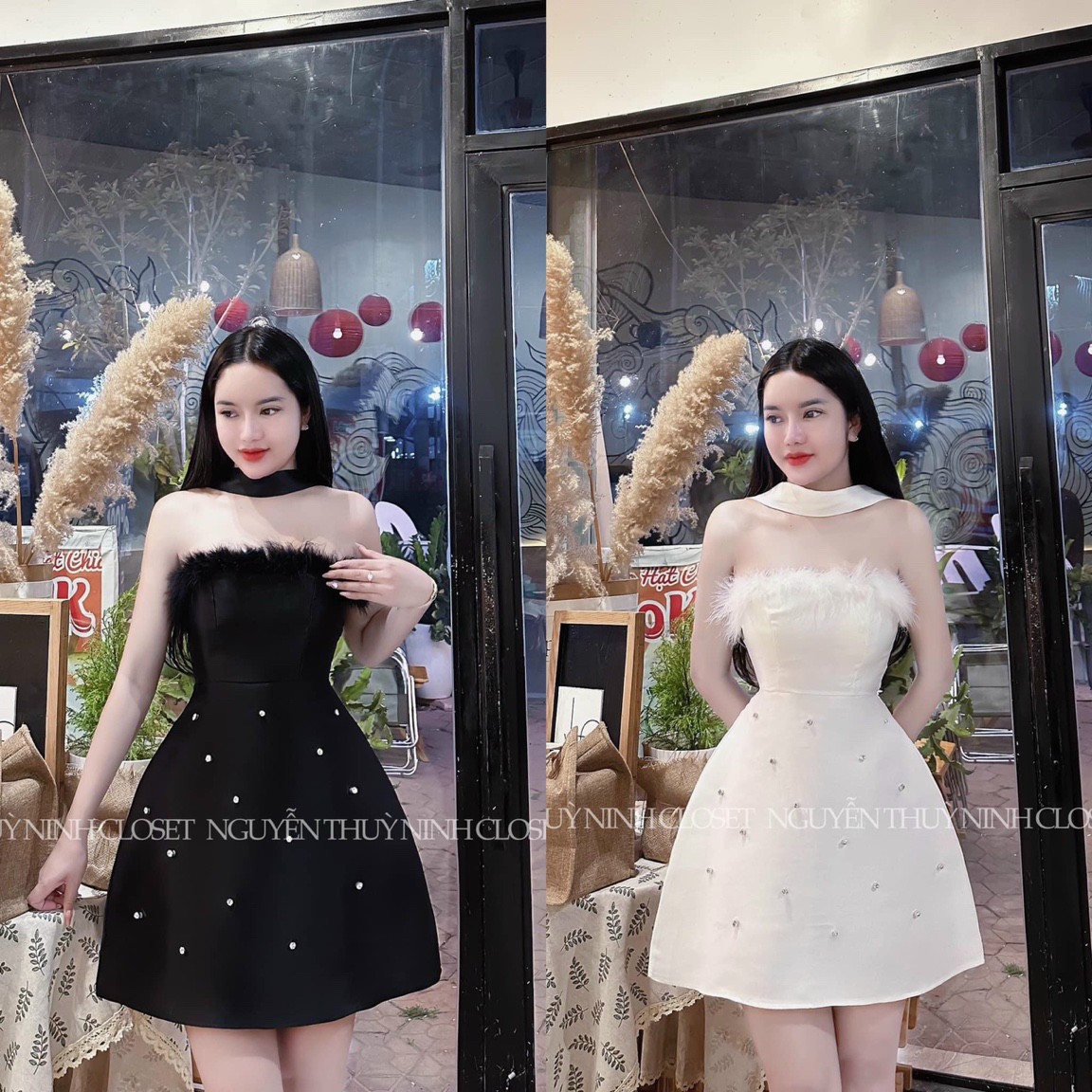 Váy đầm nữ cúp ngực dây quàng cổ phối lông vũ thiết kế đính cườm cực xinh
