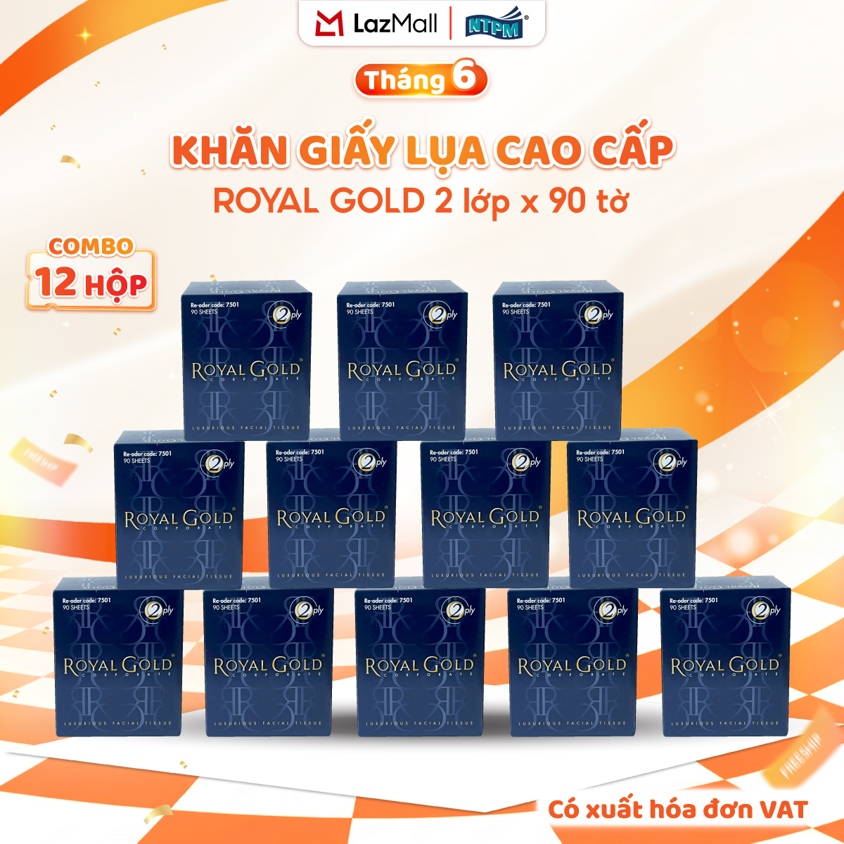 [COMBO 12 HỘP] Khăn giấy lụa Royal Gold, 2 lớp - 100% bột giấy nguyên sinh, không chất tẩy, 90 tờ/hộp - Chính hãng
