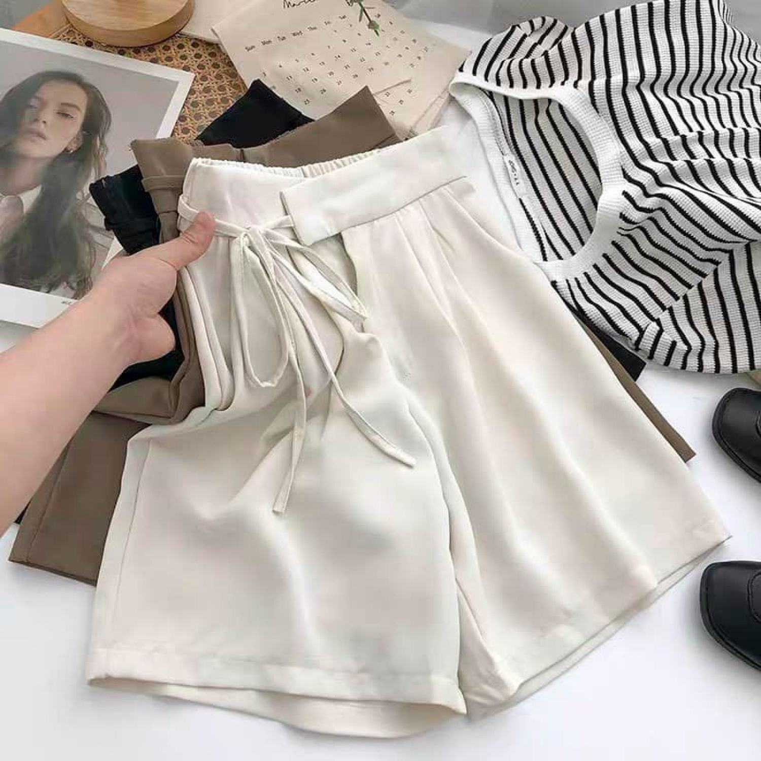Quần short ống rộng chất ruby cao cấp mềm đẹp dây cột trước phong cách ulzang Hàn Quốc.M66