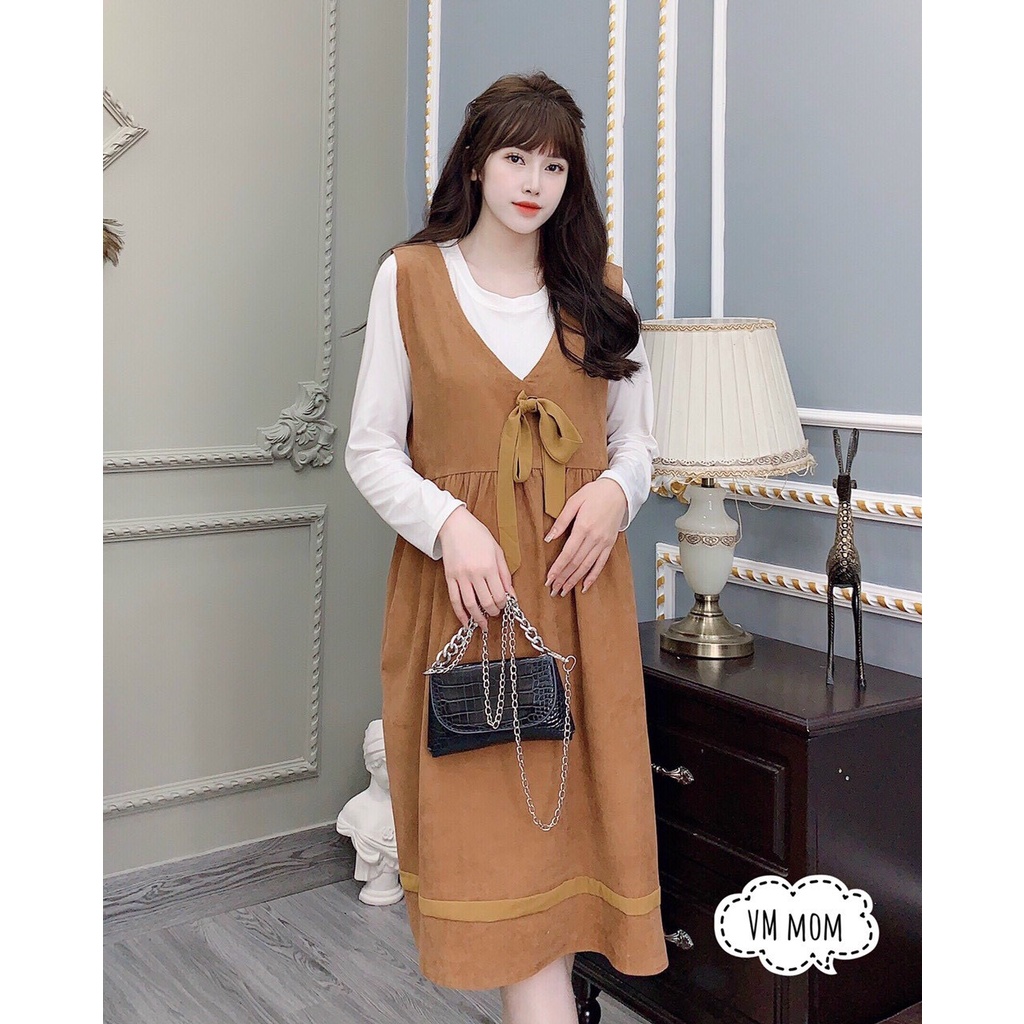 Váy Bầu - Set Yếm chất nhung tăm thiết kế NƠ xinh thời trang, phù hợp THU ĐÔNG Freesize cho mẹ Bầu mặc thoải mái