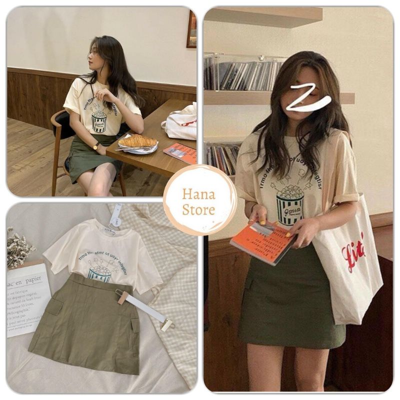 Set chân váy nữ kèm áo thun - chân váy kaki và áo phông họa tiết bắp rang bơ