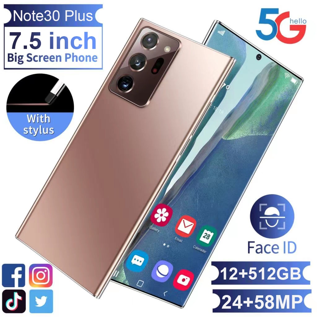 Điện thoại di động Note30 Ultra 7,5 inch Toàn màn hình Điện thoại di động gốc 12G+ 512GB Camera 24+48MP Thẻ kép Sạc nhanh Điện thoại thông minh 5000mAh Mở khóa bằng vân tay Điện thoại di động giá rẻ