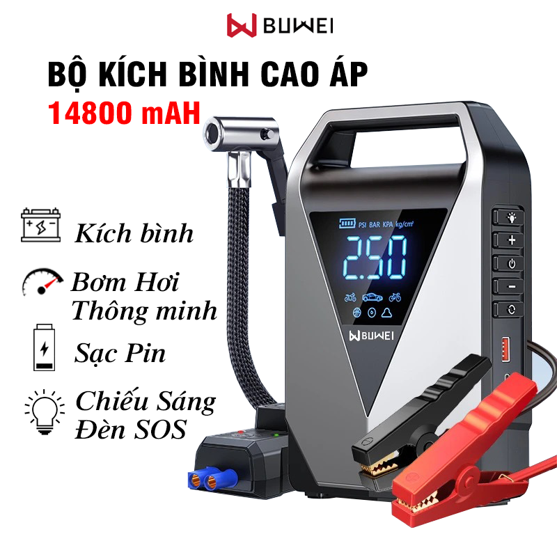 [BUWEI 14800MAH] Bộ kích bình ôtô cao áp nguồn điện 14800MAH đa năng kèm nguồn chuyển đổi điện thông minh, bơm hơi  tự động ngắt khi đầy, sạc dự phòng, đèn chiếu sáng BH 12 Tháng