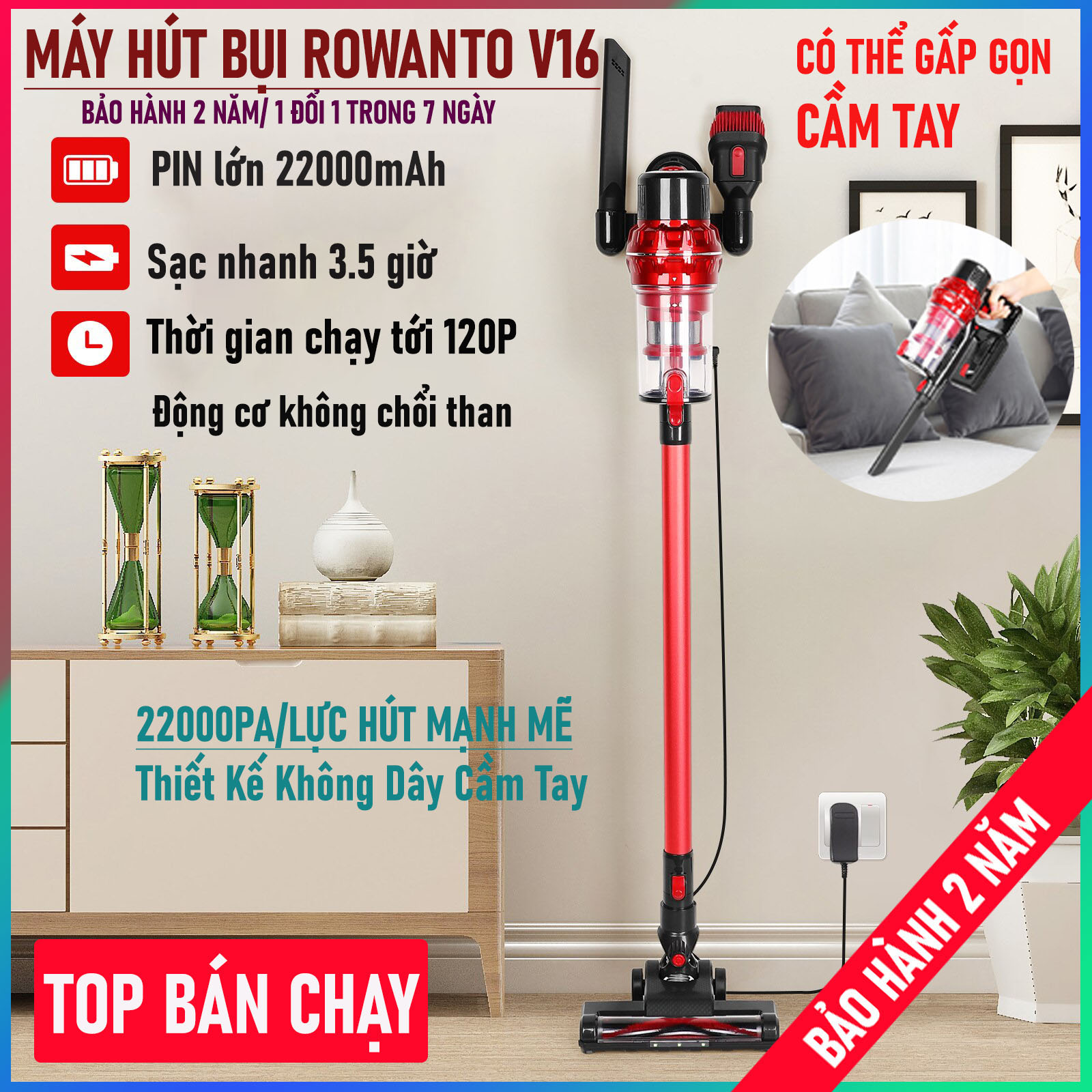 Máy hút bụi Không Dây cầm tay ROWANTO V16, máy hút bụi gia đình mini cho giường nệm trong nhà, máy hút bụi ô tô, xe hơi, bàn phím máy tính, robot hút bụi lau nhà công suất Mạnh, lực hút tới 22000PA