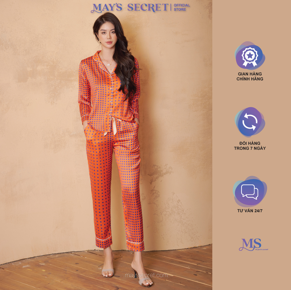 Bộ pyjamas lụa Twill Silk dài tay quần dài hoạ tiết chấm bi cam - May's Secret