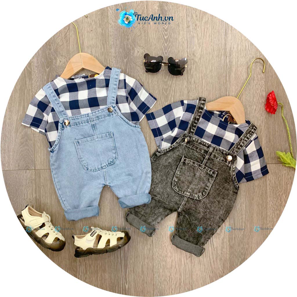Set yếm cho bé trai size 8-13kg, yếm bò áo sơ mi caro - qate tucanh