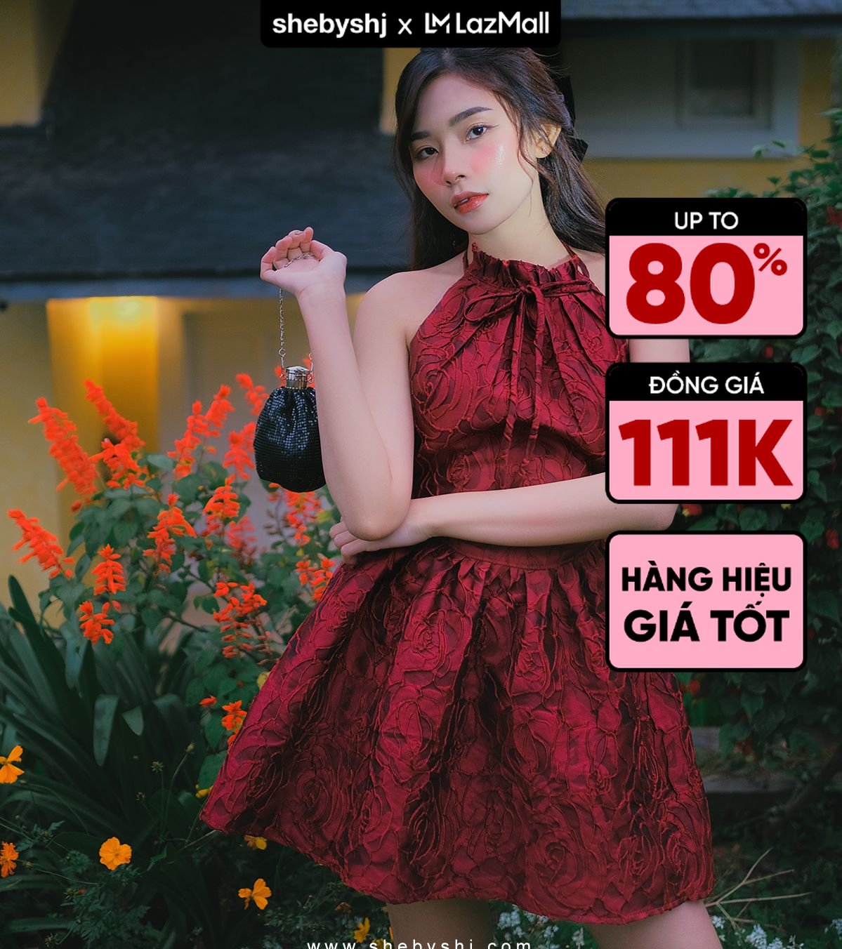 Đầm gấm xoè Shebyshj cổ yếm màu đỏ - Melody Dress
