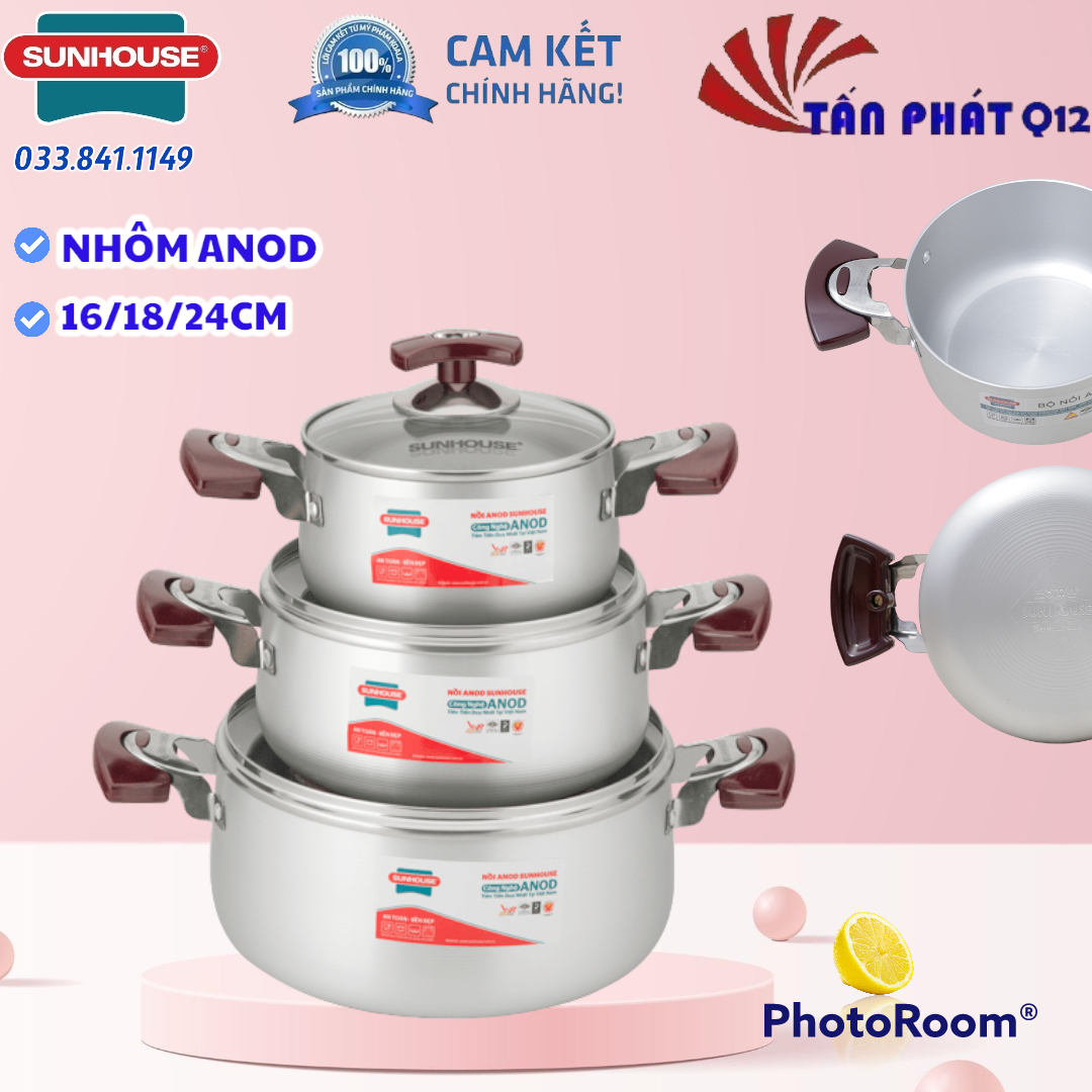 [HCM]Bộ nồi ANOD sunhouse (TRẮNG HOẶC VÀNg)