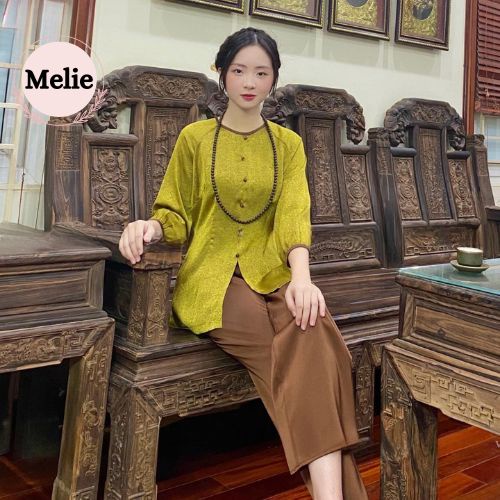 Đồ bộ đi chùa nữ cổ tròn dài tay Đồ lam đi lễ cao cấp Quần áo đi chùa cách tân lụa mềm mịn, thanh lịch