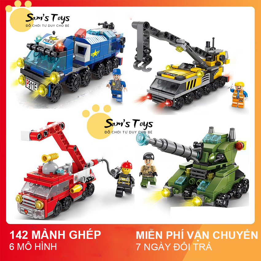 Đồ chơi Le go Cảnh sát, Cứu hoả, Kỹ sư, Xe tăng 142 chi tiết, 7 mô hình, chất liệu nhựa ABS cao cấp, giúp bé phát triển tư duy, khả năng sáng tạo, giải toả căng thẳng sau giờ học, đồ chơi lego bé trai, đồ chơi trẻ em