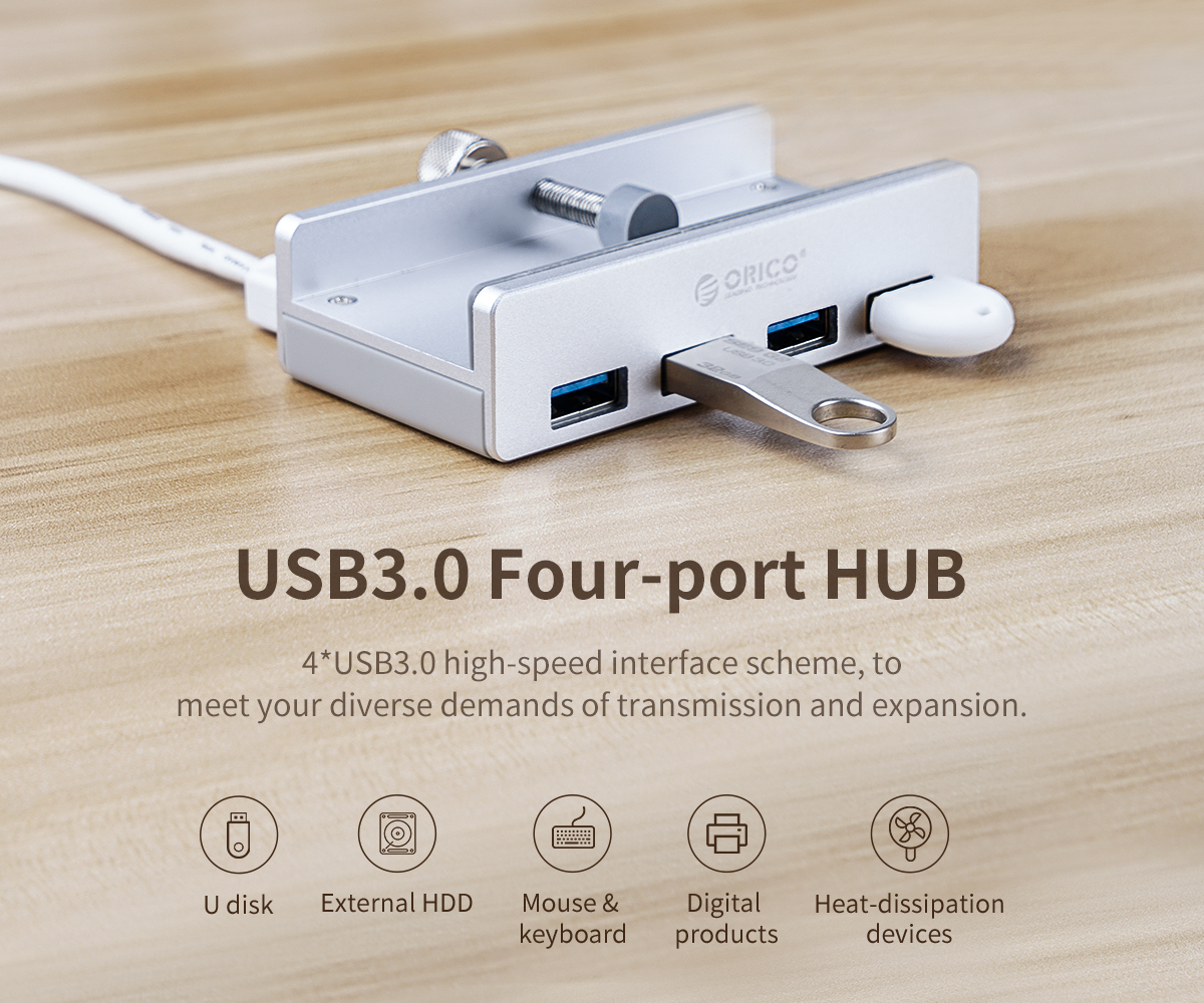 Bộ hub chia 4 cổng USB 3.0 - ORICO MH4PU (Nhôm) - Kẹp cạnh bàn tiện lợi