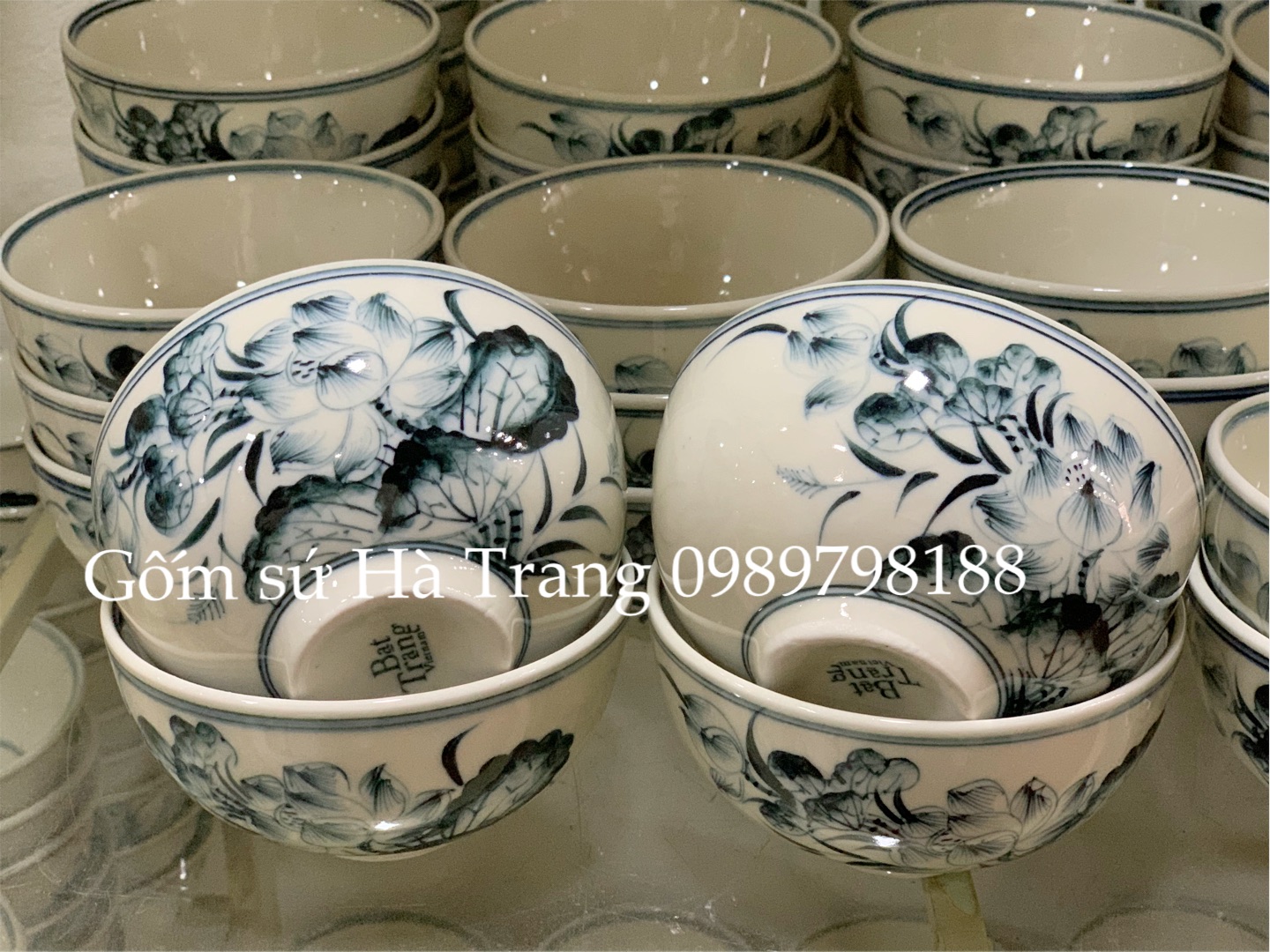 Combo 10 Bát cơm gốm sứ Bát Tràng cao cấp không chì vẽ sen hàng xuất dư siêu đẹp