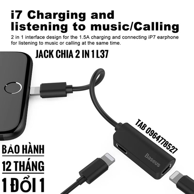Bộ chia cổng baseus l37 1 thành 2 chính hãng - bảo hành 12t