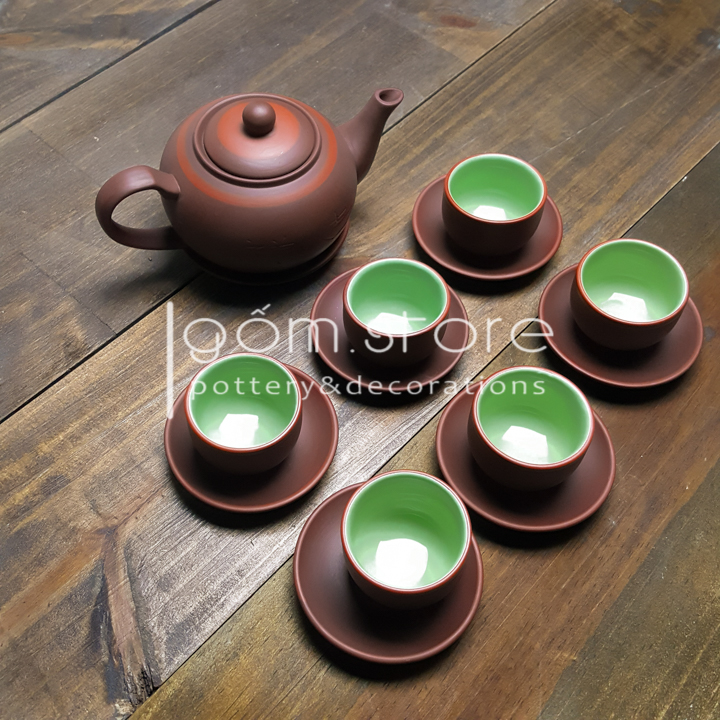 Ấm chén tử sa Bát Tràng quai vầng trăng độc đáo (bộ ấm trà trên không kèm khay)