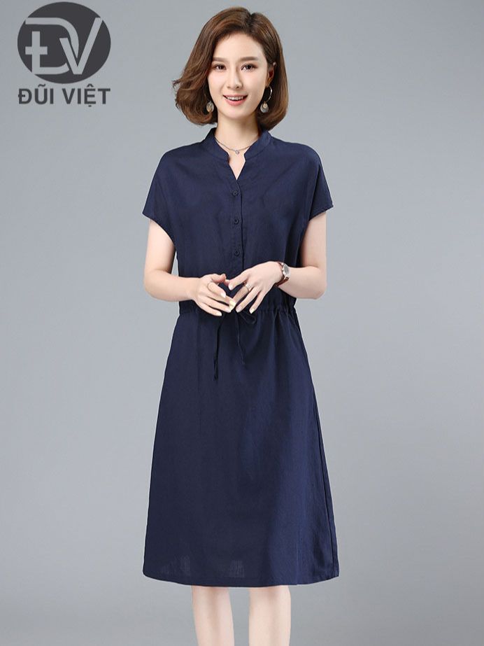 Đầm Linen suông ngắn tay cổ tàu thiết kế đơn giản dễ mặc, chất linen mềm cho nữ mặc hè Đũi Việt