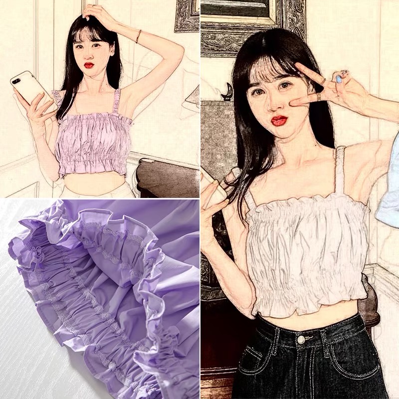 Áo Croptop 2 Dây Đũi Áo Dây Thun Nữ Viền Bèo 2 Màu trắng tím siêu hot phong cách Hàn Quốc N07 SuzaHouse