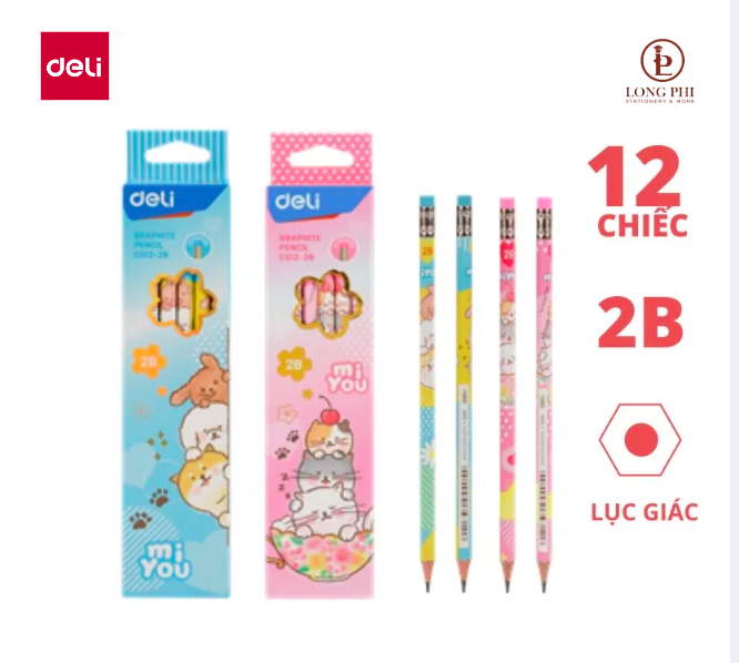 Deli hộp 12 bút chì gỗ có tẩy comiko-miyou ec012-2b