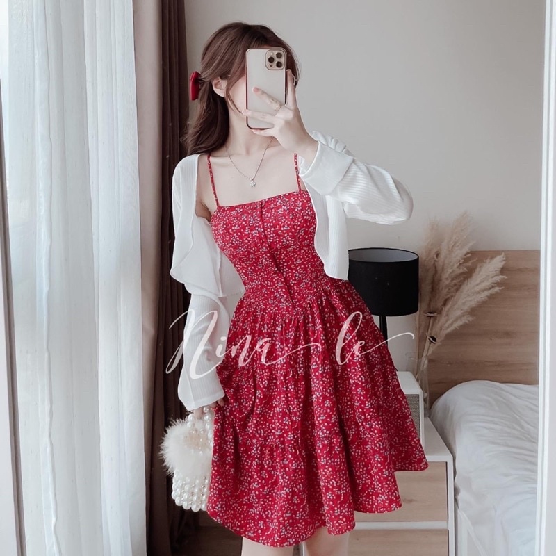Set váy 2 dây váy hoa nhí kèm áo cardigan, set váy hoa nhí đỏ váy đỏ hoa nhí