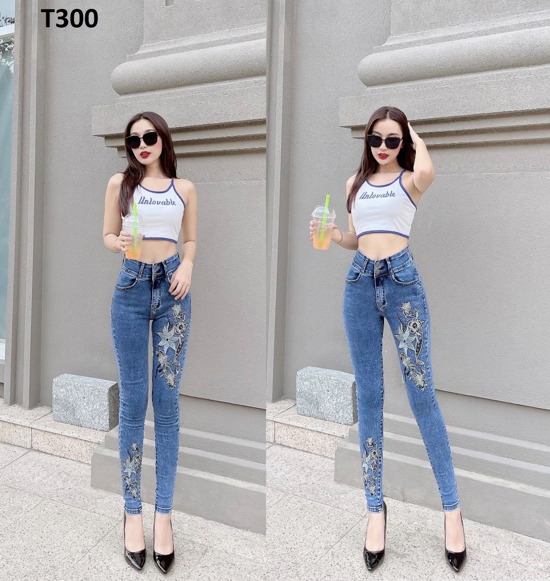 Quần jean nữ thêu hoa co giãn T300