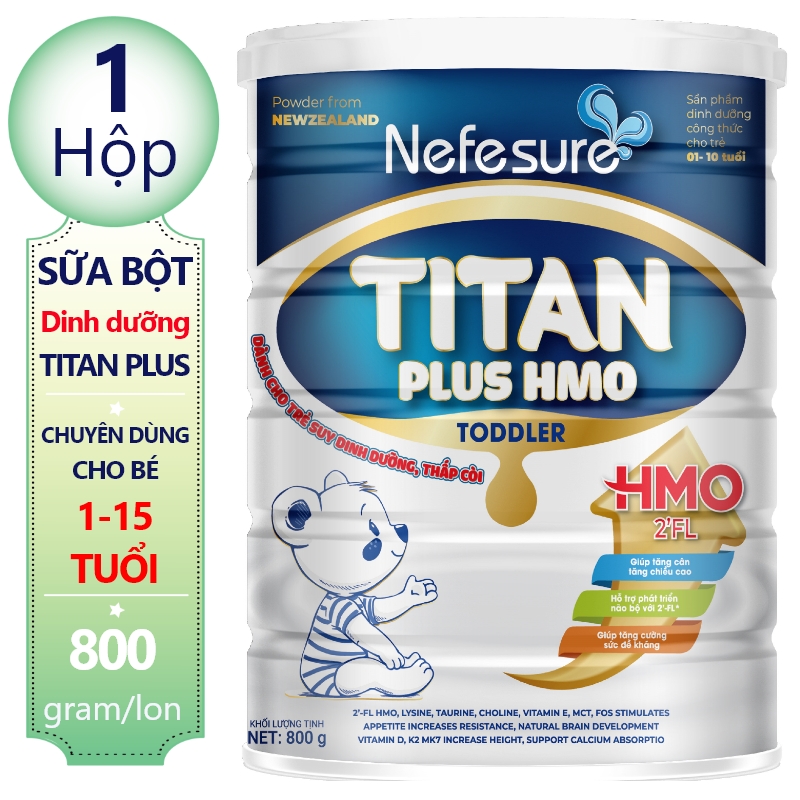 Sữa cho trẻ biếng ăn Nefesure titan plus hmo 800gr giúp bé cải thiện tình trạng suy dinh dưỡng, kém ăn, chậm lớn, thấp còi, thể trạng yếu, nhẹ cân, giúp hệ tiêu hoá của bé hấp thụ tối đa các dưỡng chất từ nhiều nguồn khác