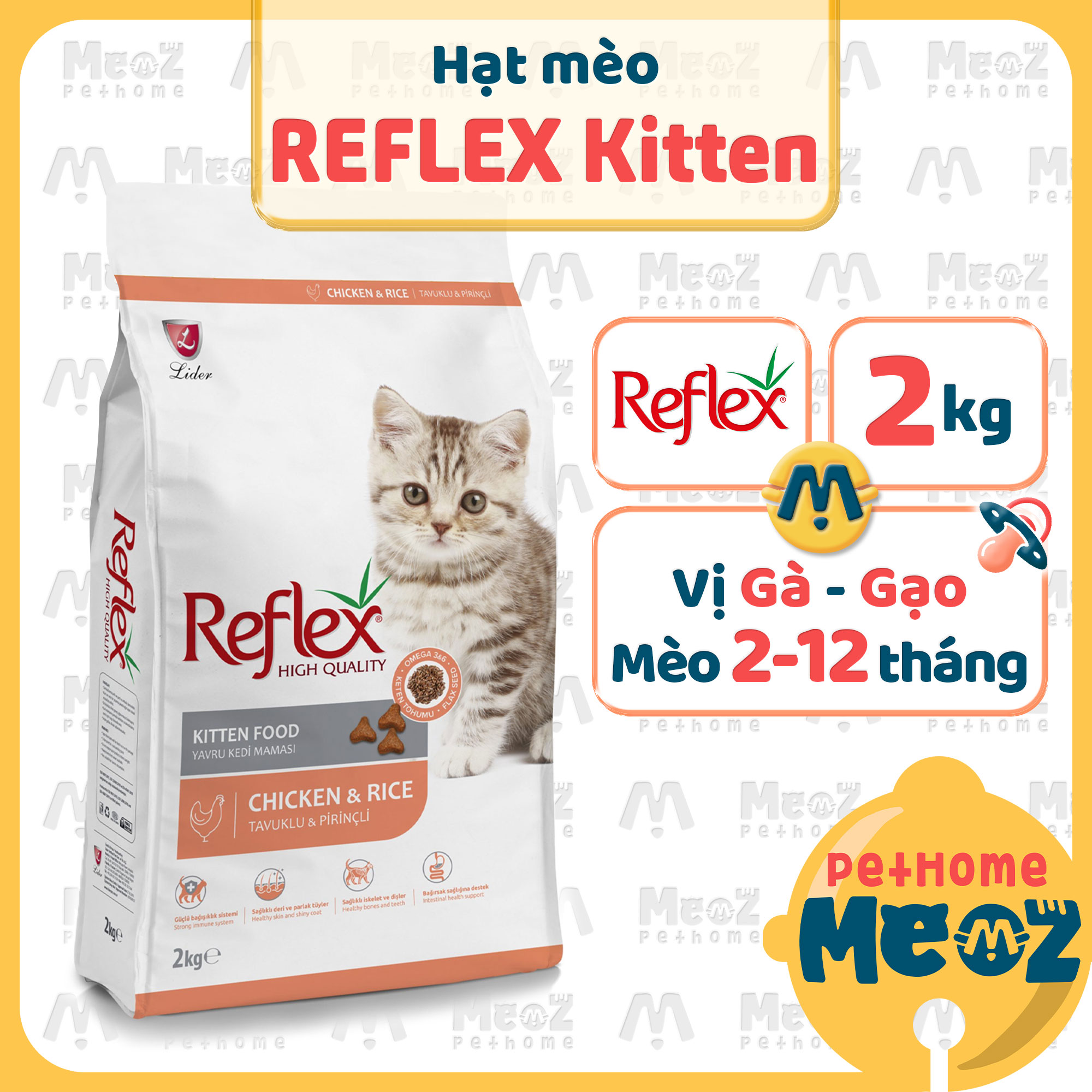 Thức ăn hạt cho mèo con reflex kitten vị gà & gạo - túi 2kg nguyên seal