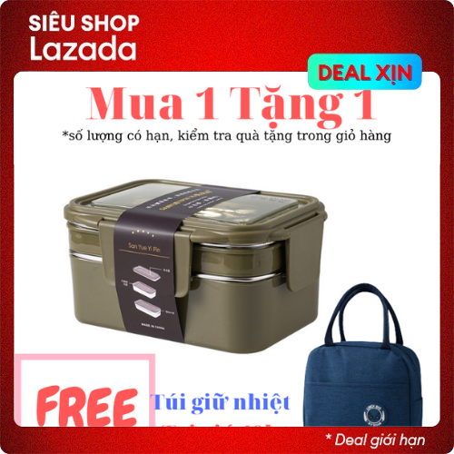 Hộp đựng cơm giữ nhiệt 2 tầng, 3 ngăn chất liệu ruột INOX 304 cao cấp, Nắp hộp chống tràn hiệu quả, dùng được trong lò vi sóng