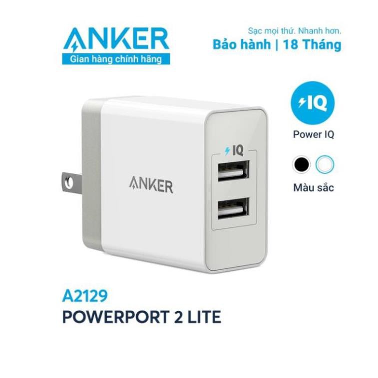 Sạc anker powerport 2 lite 2 cổng poweriq 12w - a2129 - hàng chính hãng - củ sạc iphone