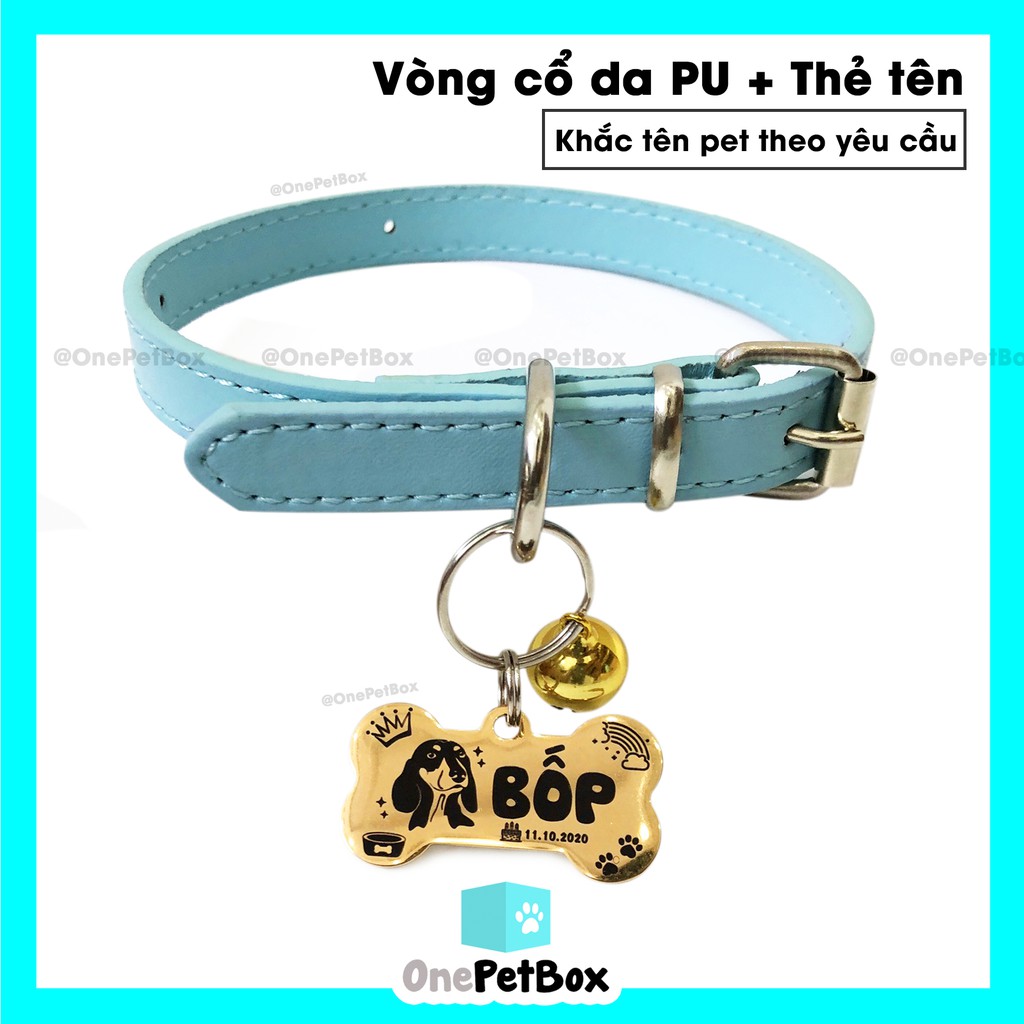 Vòng cổ cho Chó Mèo da PU + Thẻ tên thú cưng Inox OnePetBox (khắc tên theo yêu cầu)