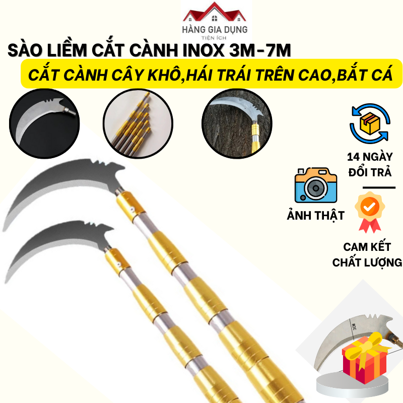  Sào gậy 3-7m INOX rút gọn kèm liềm cắt cành cây trên cao cắt cỏ làm vườn làm nông bắt cá dài 13cm 