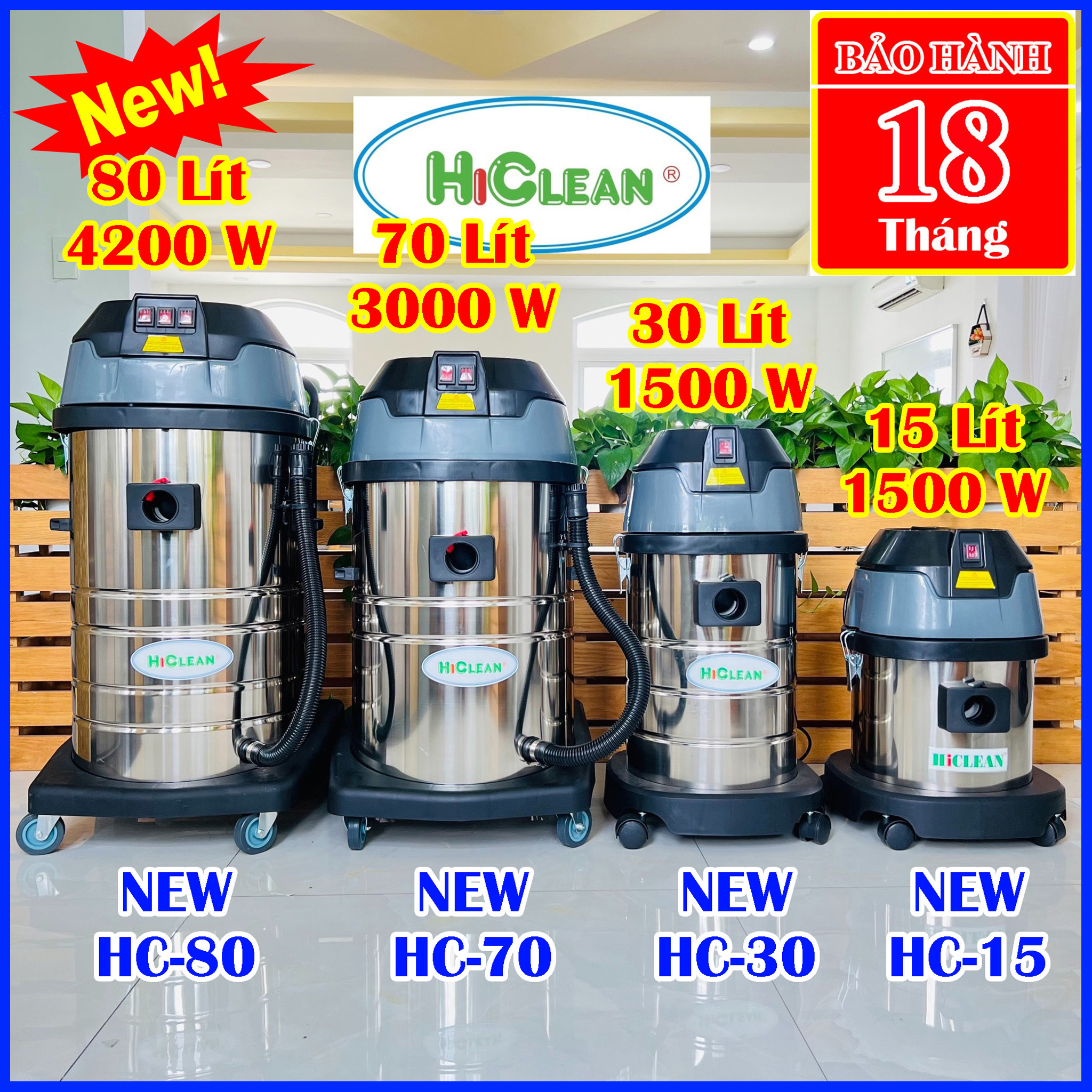 Máy hút bụi hiclean hc new, máy hút bụi công nghiệp hiclean hc new - công suất hc15: 1500w - hc30: 1500w, hc70: 3000w, hc80: 4200w