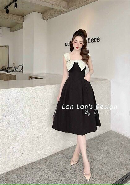 Đầm nữ xòe dáng dài, đầm 2 dây đính nơ pnt shop
